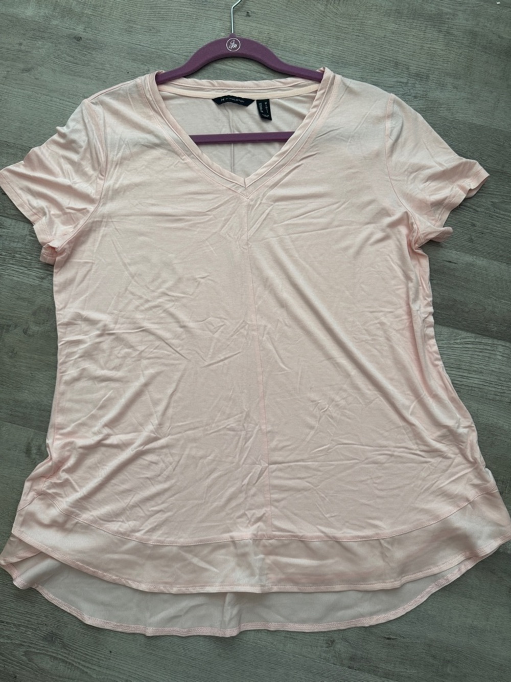 H by Halston Light Pink V-Neck Short Sleeve Tee with Sheer Hem
